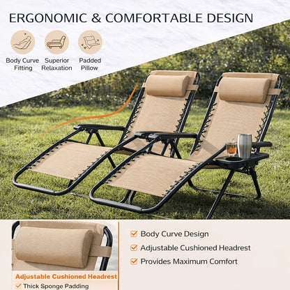 2pcs Zero Gravity Patio Recliner, Folding Lounge with Adjustable Pillow & Cup Tray, Suitable for Gardens And Outdoor Use, Khaki And Gray Color