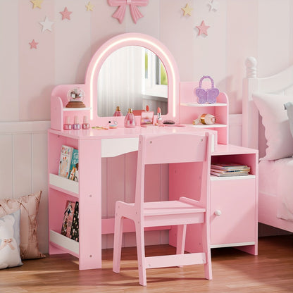 Girls' 2-in-1 Princess Vanity Set with Lighted Mirror (Cool/Warm) - Makeup Desk & Chair with Storage Cabinet, Bookshelf & Shelves, MDF Beauty Table for Toddler Girls Room, Easy Assembly Required - Ideal Kids Furniture Gift for Birth