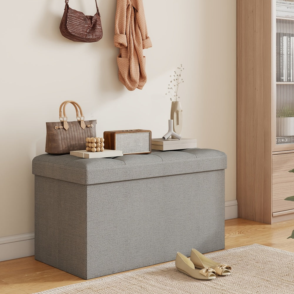 Storage Ottoman Bench with Storage Upholstered Leather & Linen 30 31.5 43.5 Inch Bedroom Living Room Entryway Closet Lift Top Hidden Compartment Footrest Seat Black Gray