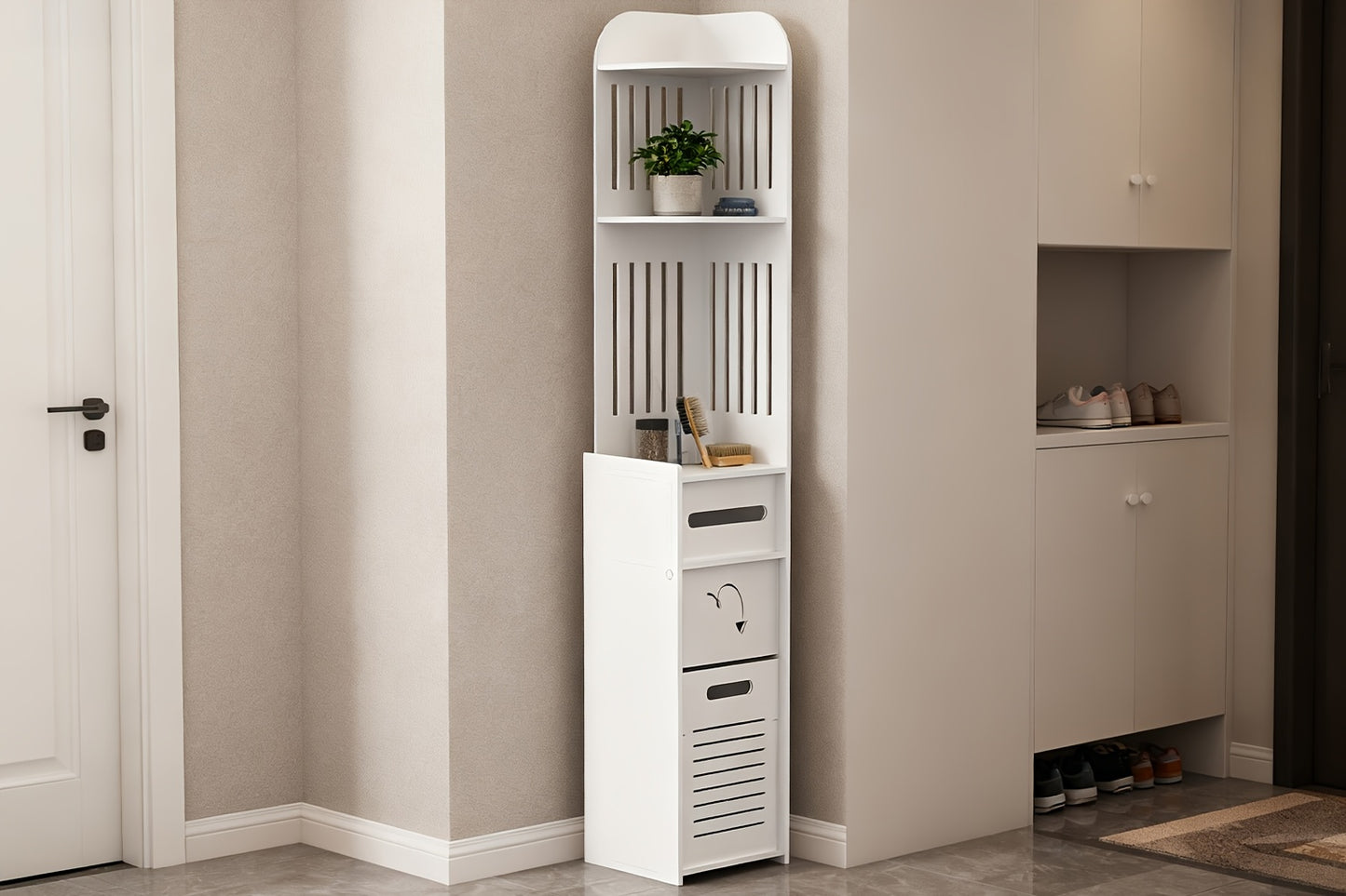 Space-Saving Bathroom Cabinet, 1pc Waterproof Multifunctional Corner Bathroom Storage Cabinet, Freestanding Narrow Space-Saving Organizer with Toilet Paper Holder Stand, Holiday Gift And Home Accessory, Toiletry Organization, Easy Assembly
