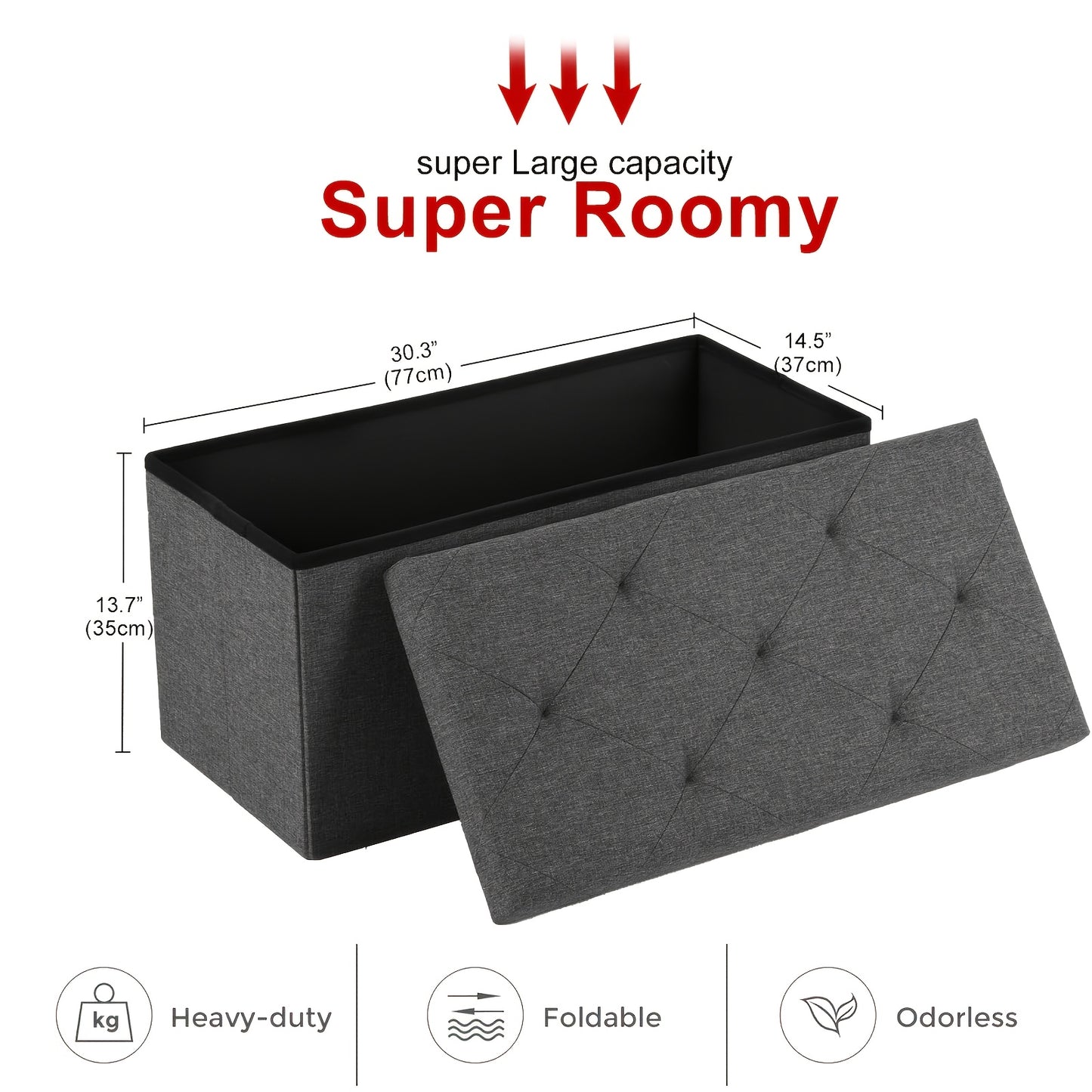 Folding Storage Ottoman Bench with Seat, Heavy Duty Indoor Outdoor Organizer in 15" 30" 43" Sizes, Non-Porous Easy-Clean Surface for Living Room Bedroom Patio Garden Garage, Grey