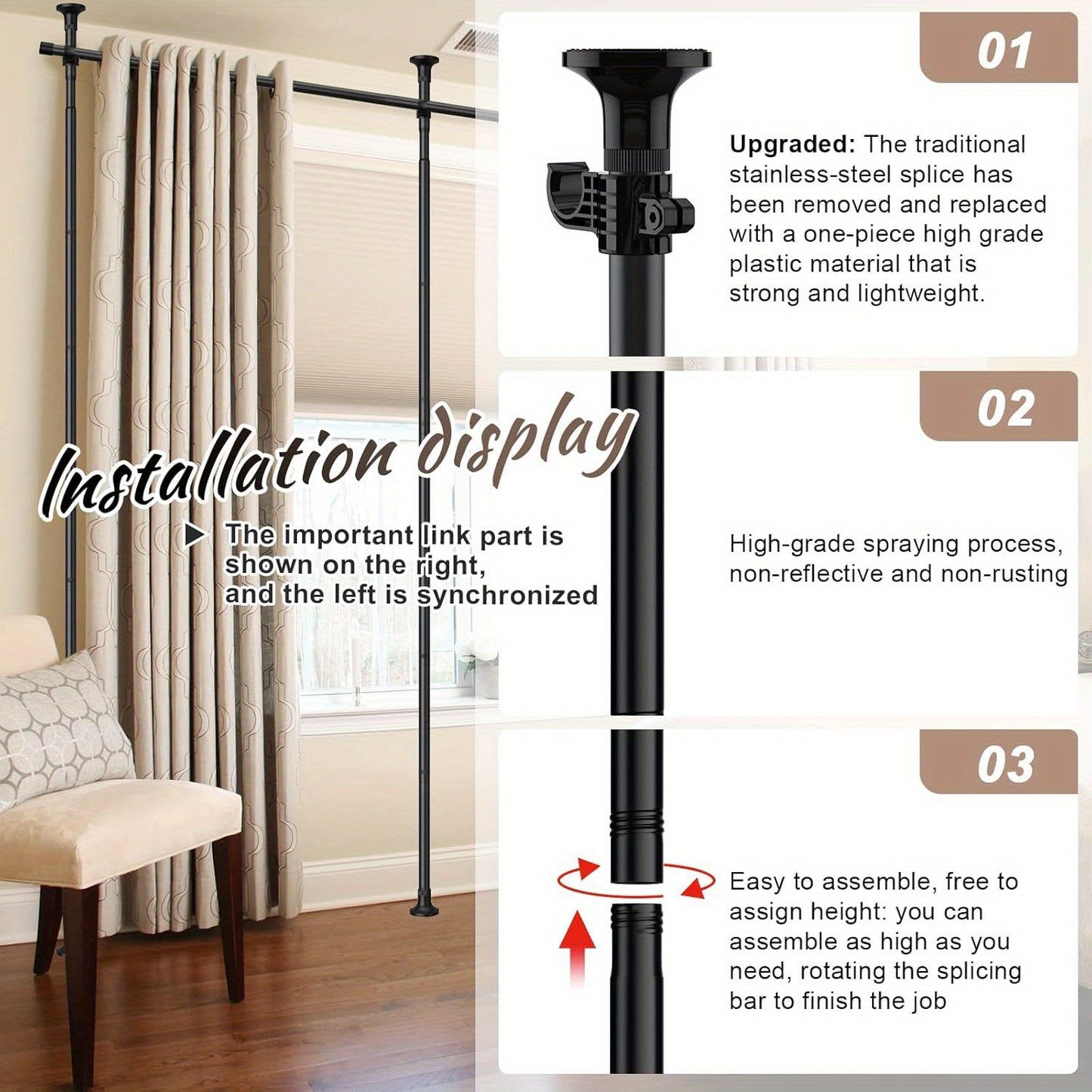 Room Divider for Room Separation, Tension Curtain Rods No Drilling, 4-10Ft(H) 28-114Inch(W) Adjustable Temporary Privacy Wall Divider, Heavy Duty Freestanding Space Partition Separator, Black, White