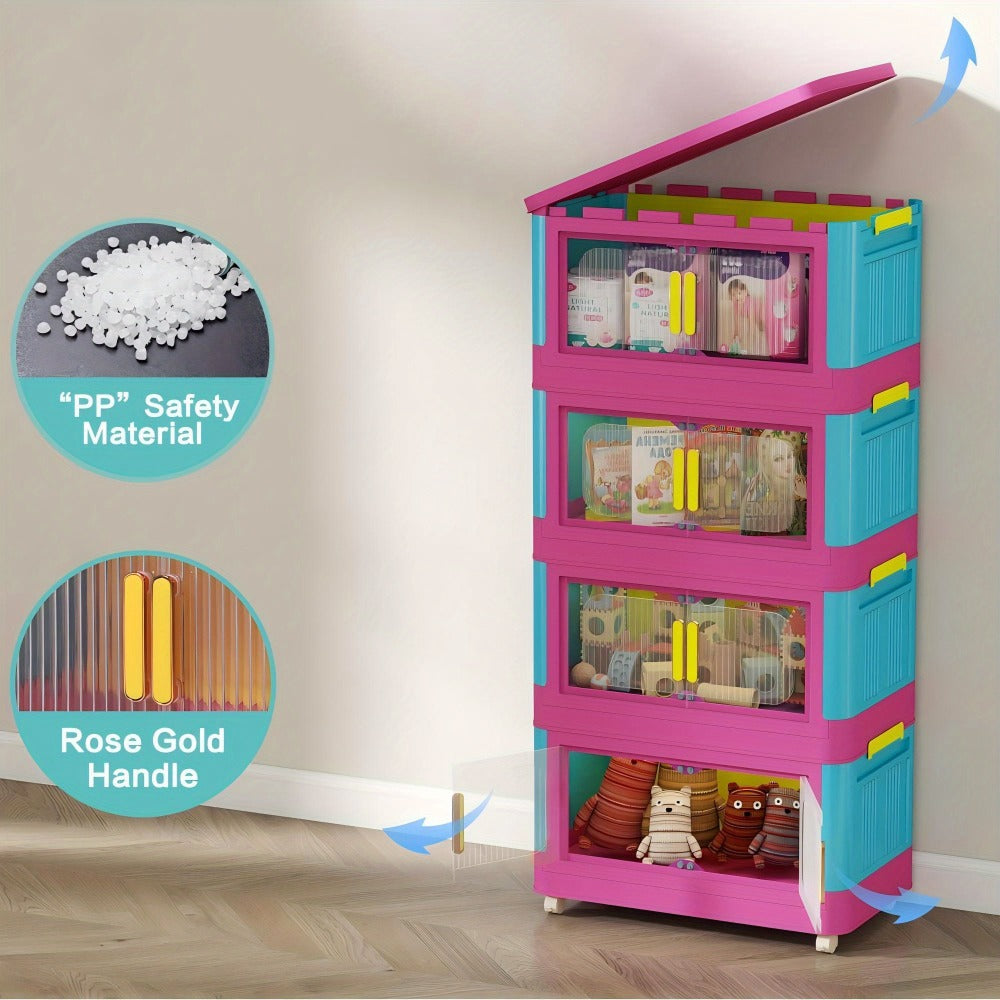 Foldable Rolling Storage Organizer 4 & 5 Tier with 360° Wheels & Magnetic Closure – Waterproof PP Stackable Shelf for Living Room, Bedroom, Kitchen & Office