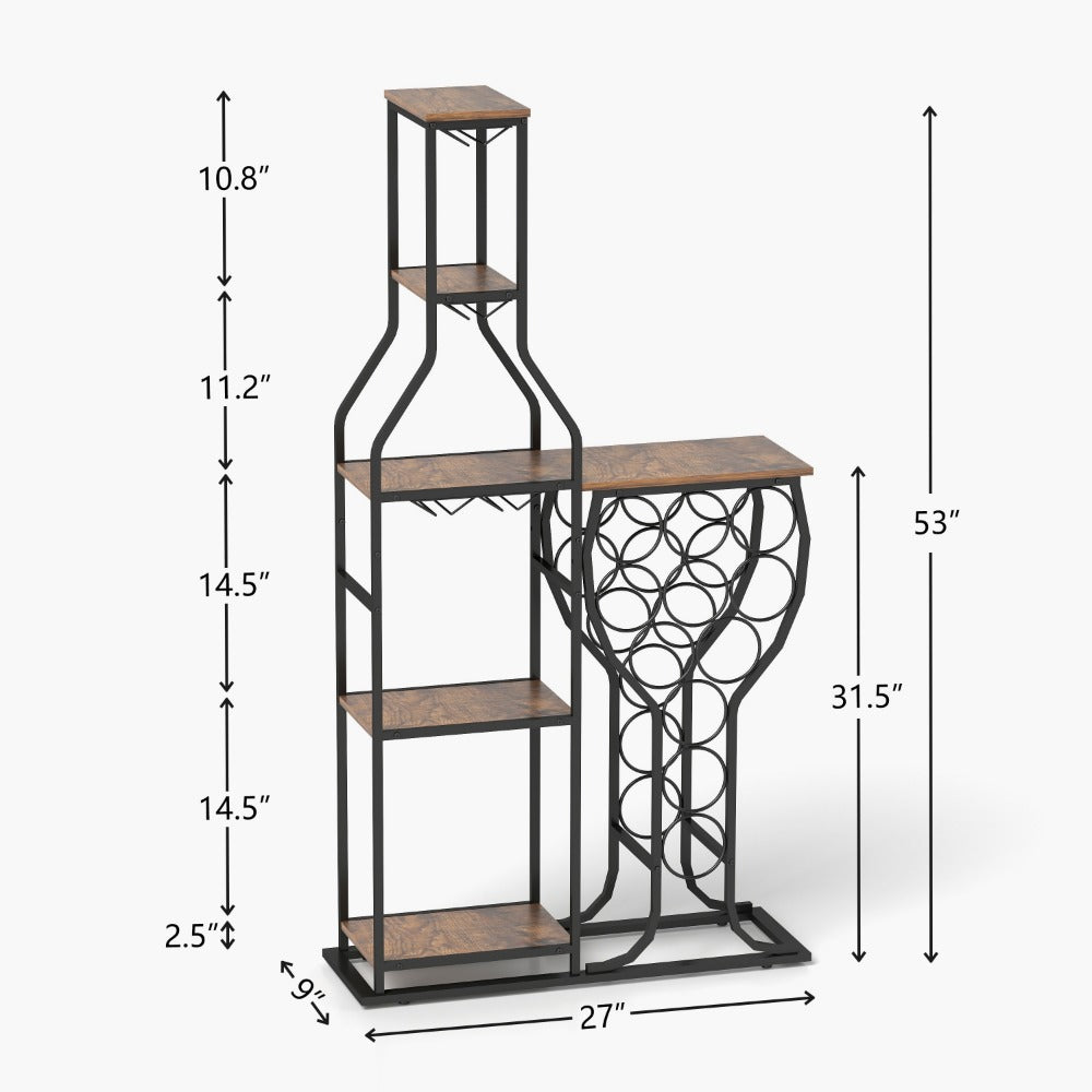 Wine Rack with Hanging Glass Holder & Storage Shelves - 5-Tier Freestanding Baker's Rack for Kitchen, Dining Room & Home Bar, Holds 11 Bottles