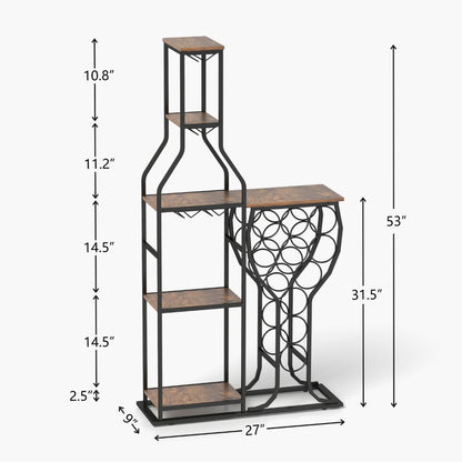 Wine Rack with Hanging Glass Holder & Storage Shelves - 5-Tier Freestanding Baker's Rack for Kitchen, Dining Room & Home Bar, Holds 11 Bottles