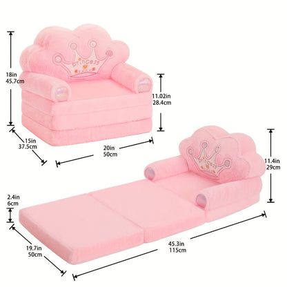 Kids Sofa Chair 2-in-1 Foldable Toddler Couch Lounger, Luxury Faux Rabbit Fur Plush Memory Foam with Pillow & Washable Cover, Nursery Playroom Seating, Birthday Gift for Girls Boys