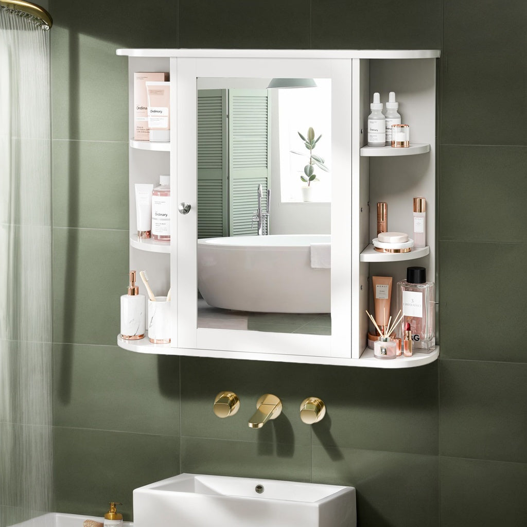 Wall-Mounted Bathroom Mirror Cabinet Featuring a Medicine Cabinet with Six Side-Opening Shelves, Finished in White