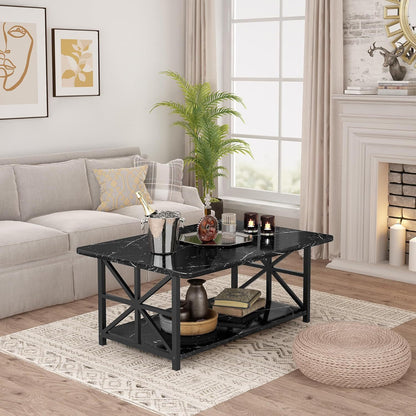 LTTROMAT Modern Coffee Table for Living Room, Faux Marble 2-Tier Coffee Table with MDF Broad & Metal Frame, Farmhouse Style Rectangular Center Table for Small Space, Space Saving Tea Table for Bedroom, Kitchen, Office