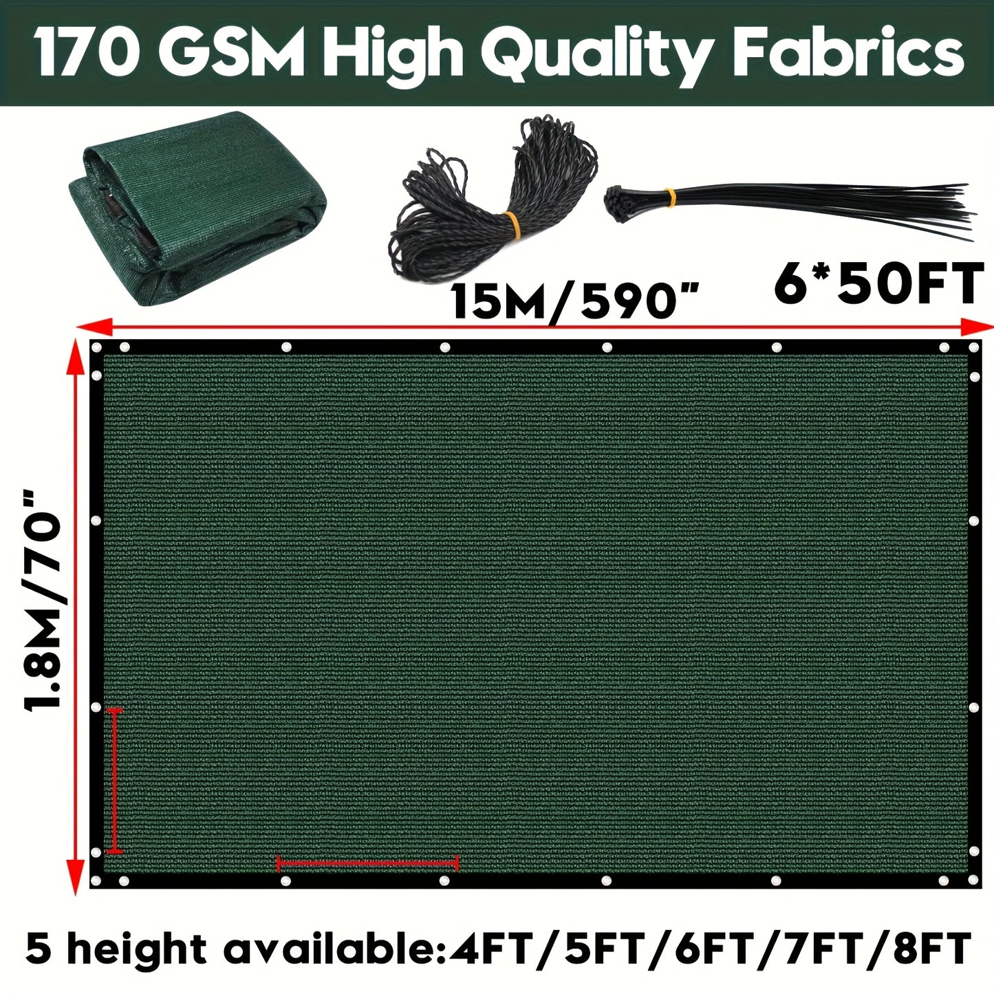 [Heavy Duty Privacy Screen] 5Ft X 25Ft/6Ft X 50Ft Fence Privacy Screen, Heavy Duty Privacy Fence Screen, Outdoor Shade Cloth Mesh Barrier, Includes 33Ft Black Rope, Green