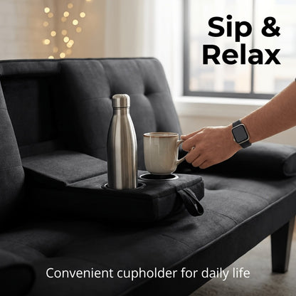 Convertible Futon Sofa Bed 67 Inch Sleeper Couch with Adjustable Backrest, Cup Holders, Detachable Armrests & Side Pocket - Fold Flat Guest Bed for Living Room, Apartment, Dorm