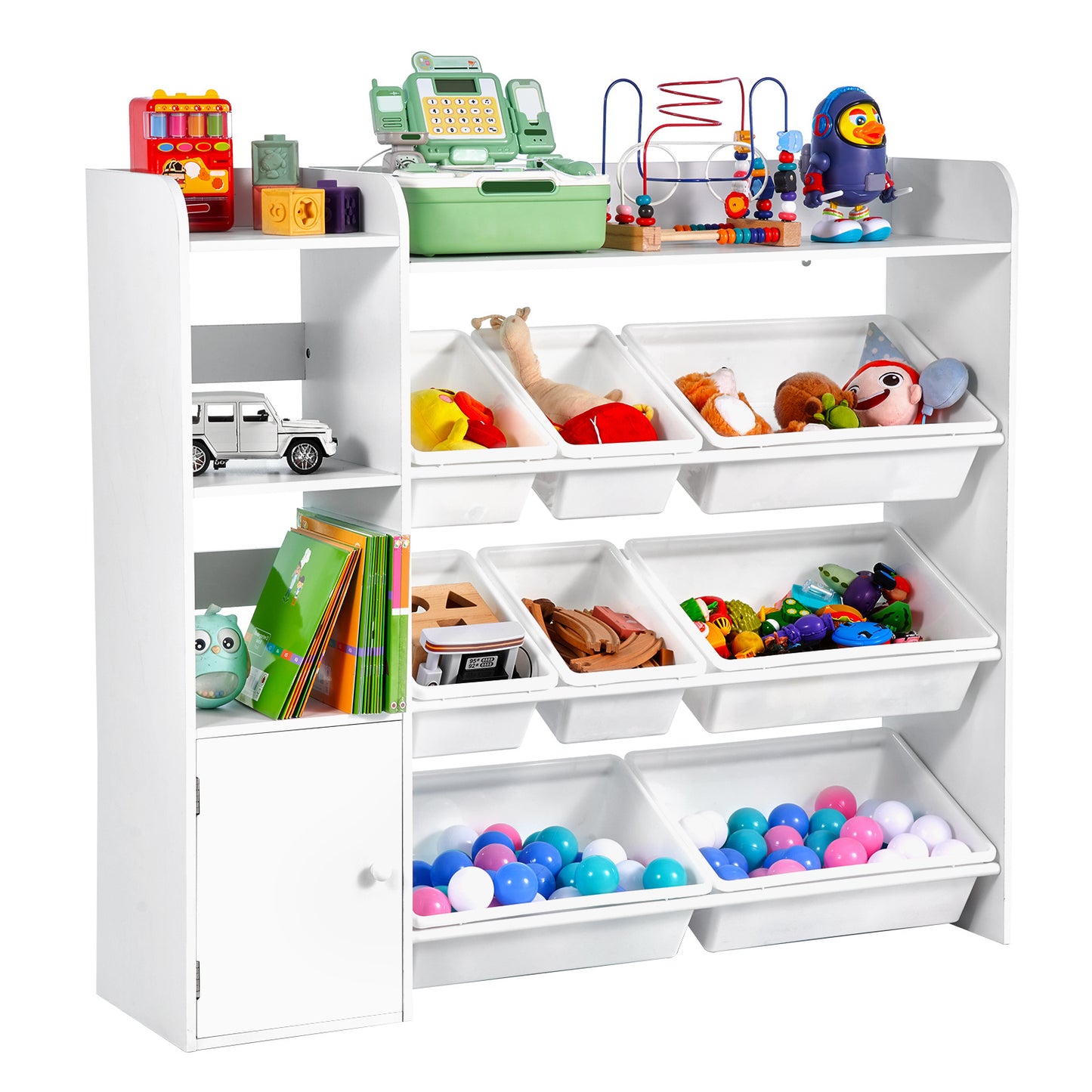VEVOR 4-Tier Kids Toy Storage and Bookshelf with 8 Flexible Plastic Bins White 44-48inch/54-58inch