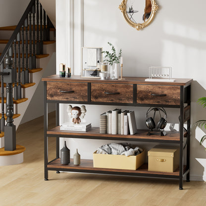 3-Tier Console Table with Charging Station, Entryway Table with Storage Drawers And Open Shelves, Narrow Sofa Table with USB Ports And Outlets, Adjustable Feet, And Modern Design for Hallways, Living Rooms, And Small Spaces