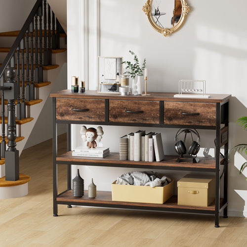 3-Tier Console Table with Charging Station, Entryway Table with Storage Drawers And Open Shelves, Narrow Sofa Table with USB Ports And Outlets, Adjustable Feet, And Modern Design for Hallways, Living Rooms, And Small Spaces