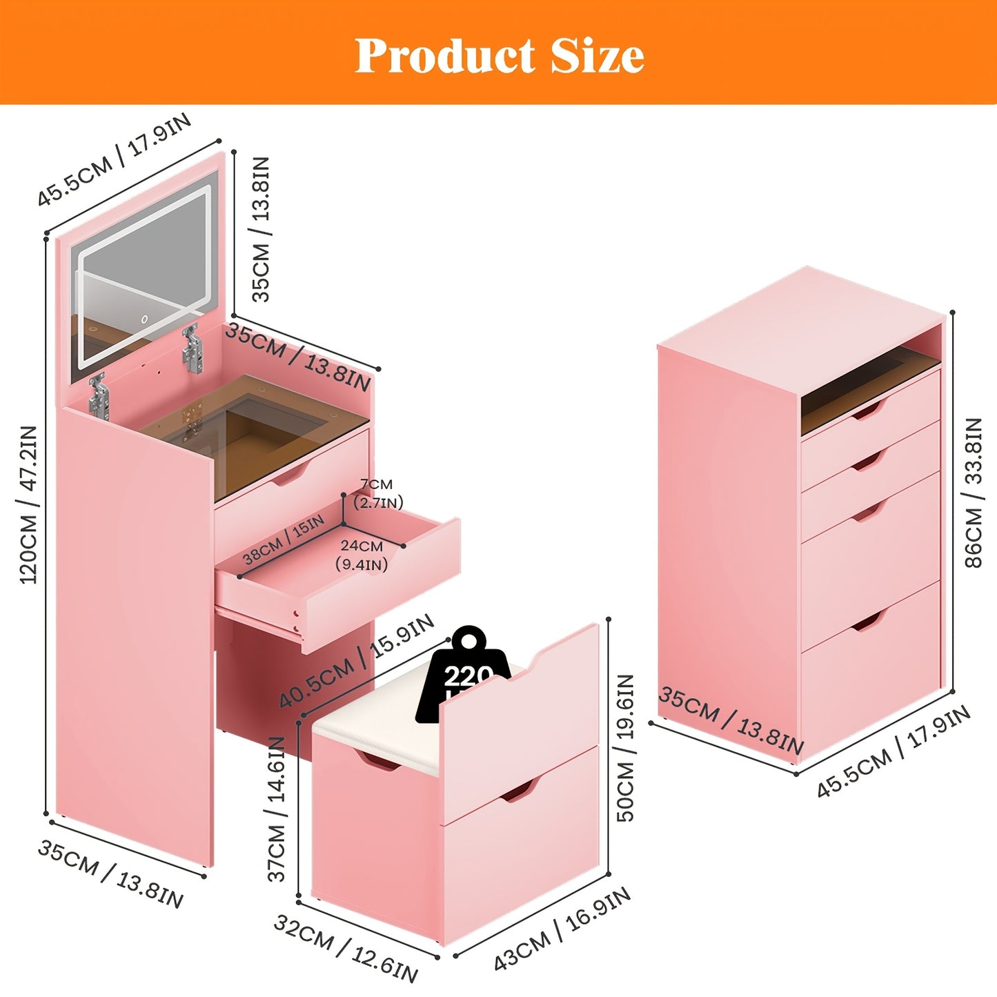 [3-In-1 Vanity Desk] 3-In-1 Vanity Desk with Flip Top Mirror, Small Makeup Vanity Set with Visible Glass Desktop, Compact Dressing Table with Drawers, 3-Color Lighting, Hidden Stool for Bedroom Space-Saving, White