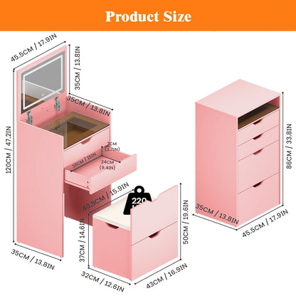 [3-In-1 Vanity Desk] 3-In-1 Vanity Desk with Flip Top Mirror, Small Makeup Vanity Set with Visible Glass Desktop, Compact Dressing Table with Drawers, 3-Color Lighting, Hidden Stool for Bedroom Space-Saving, White