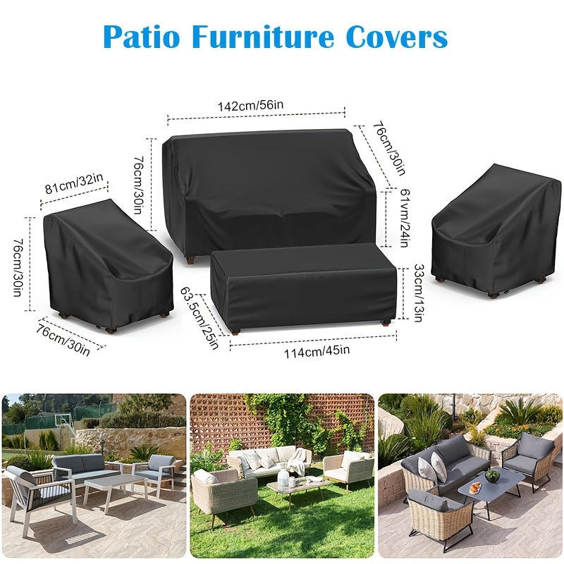 [Waterproof Windproof Covers] 4pcs Patio Furniture Covers Set, Waterproof Outdoor Furniture Cover, Heavy Duty Outdoor Coffee Table Cover, 1xSofa Cover, 2xChair Covers, 1xCoffee Table Cover With Windproof Buckle Strap And Adjustable Drawstring, Black