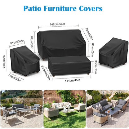 [Waterproof Windproof Covers] 4pcs Patio Furniture Covers Set, Waterproof Outdoor Furniture Cover, Heavy Duty Outdoor Coffee Table Cover, 1xSofa Cover, 2xChair Covers, 1xCoffee Table Cover With Windproof Buckle Strap And Adjustable Drawstring, Black