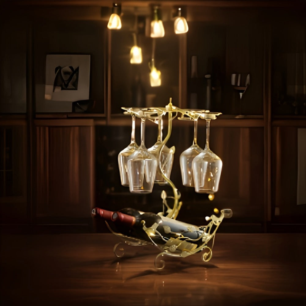 Nautical Boat Wine Rack with Glass Holder – Holds 2 Bottles & 6 Glasses, Iron Countertop Wine Rack for Kitchen Dining Room Bar, Decorative Bird Leaf Motif