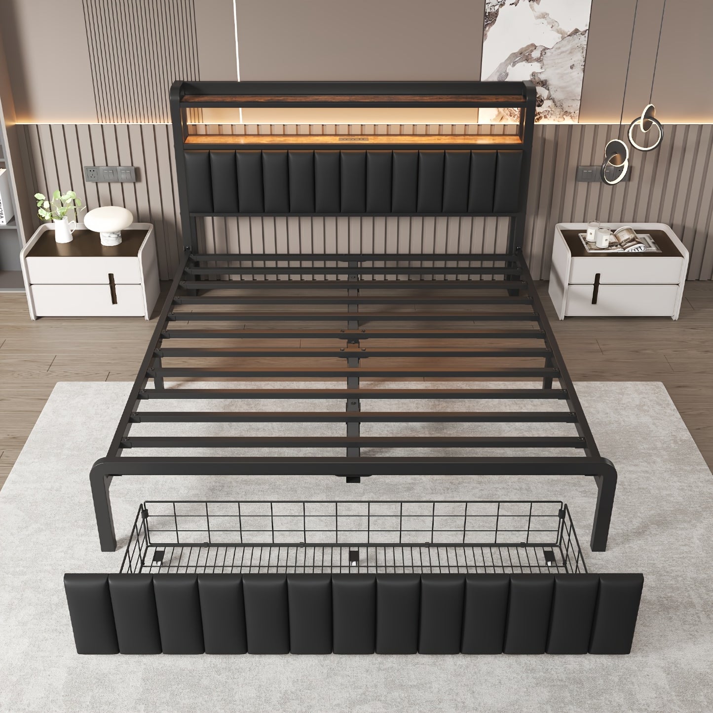 Metal Platform Bed Frame with 2 - Tier Storage Headboard, Hidden Drawers & 12" Under - Bed Space, Full/Queen Size, Black