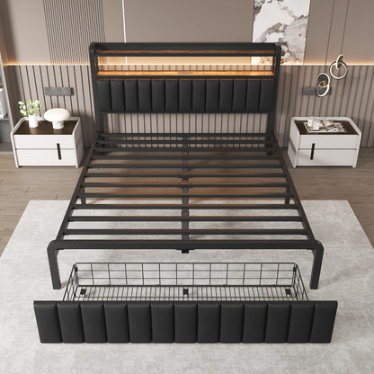 Metal Platform Bed Frame with 2 - Tier Storage Headboard, Hidden Drawers & 12" Under - Bed Space, Full/Queen Size, Black