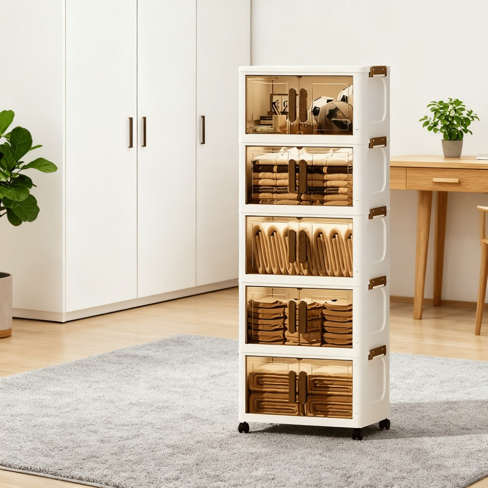 29-Gallon Foldable Plastic Storage Cabinet with Wheels – 3 4 5 Layer Transparent Stackable Drawers Organizer for Bedroom Living Room Closet, White