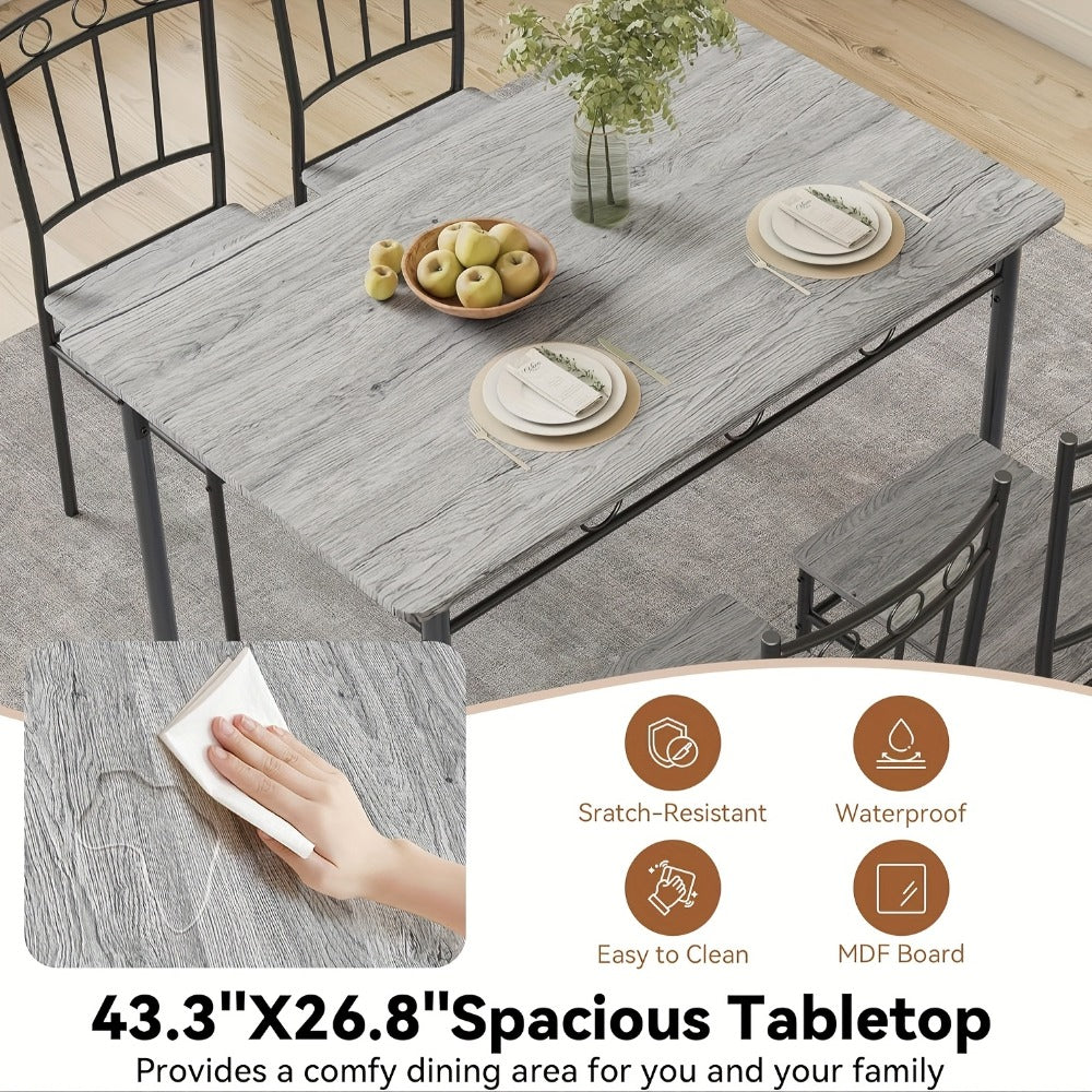 5-Piece Rectangular Dining Table Set with 4 Slat-Back Chairs, Solid Wood Kitchen Dining Table & Chairs for Small Spaces & Apartments, 220 lb Table & 330 lb Chair Capacity, Brown & Gray