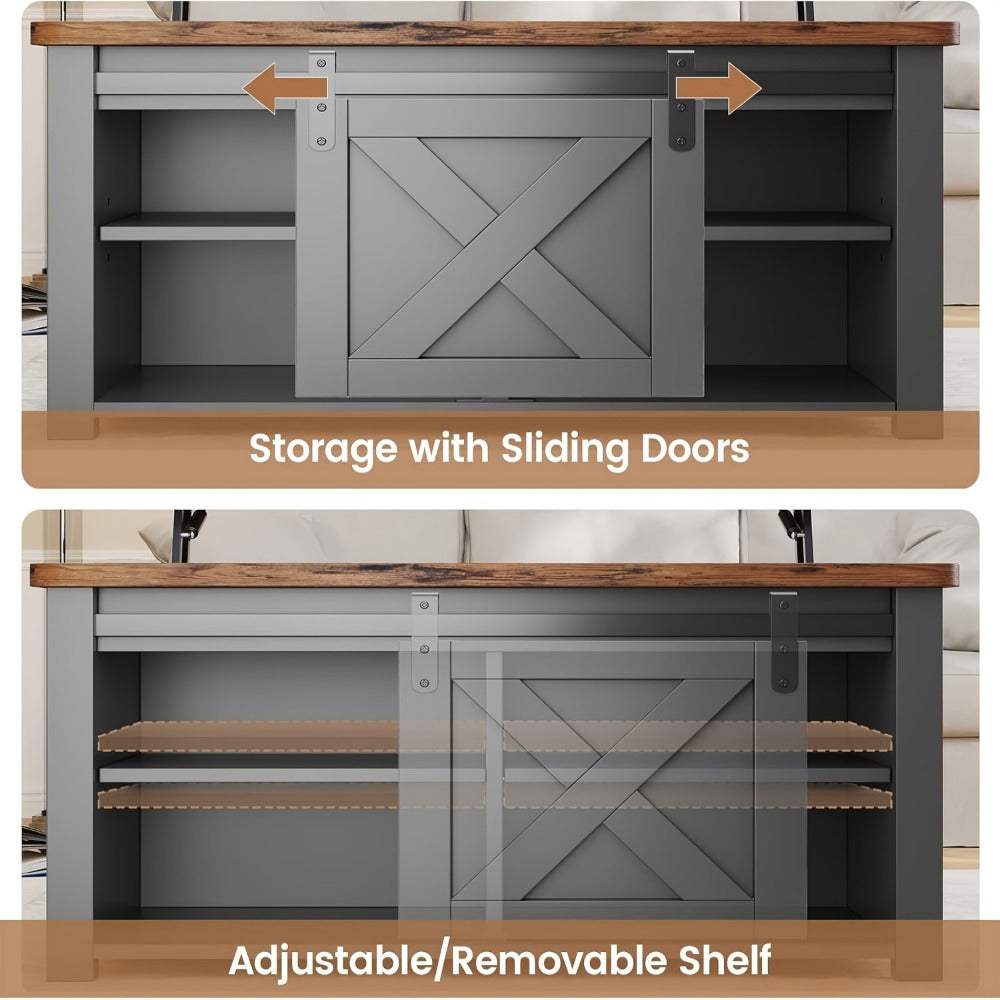 Square Lift Top Coffee Table with Hidden Storage – Farmhouse Design, Gas Strut Lift, Adjustable Shelves, 4 Open Compartments, Black/White/Grey/Blue