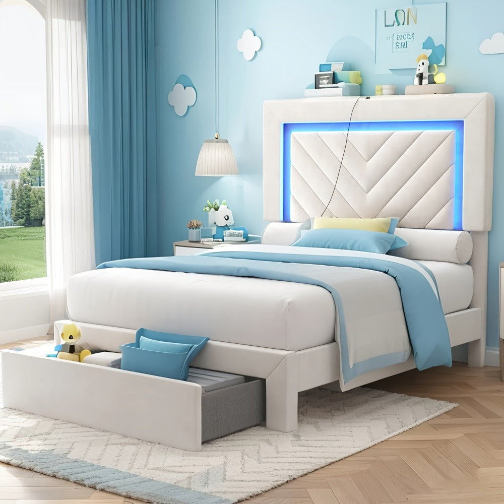 Upholstered Platform Bed Frame with LED Adjustable Headboard, Storage Drawers and Charging Station, No Box Spring Needed, Noise Free, Twin Full Queen, Off White Grey