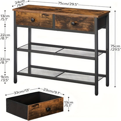 29.5-inch Narrow Console Table with 2 Fabric Drawers, Sofa Table, Entryway Desk with 3-Tier Storage Shelves for Living Room and Hallway in Rustic Brown & Black