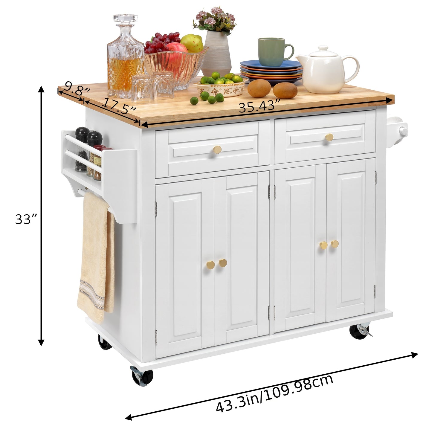 Rolling Kitchen Island with Drop Leaf, Thicken Rubberwood Top, Spice Rack, Towel Rack, Drawer, 43.3" Portable Mobile Kitchen Island Carts Table, Storage Cabinet, Both Wheels And Feet