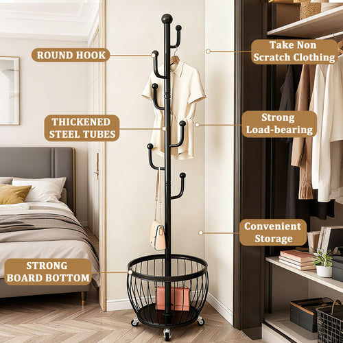 2-in 1 Multipurpose Freestanding Coat Rack with Storage Basket - 6 Hooks and 4 Universal Wheels, Mobile Clothes Hanger, Space-Saving Freestanding Clothes Rack Organizer, for use in Entryway, Living Room, Bedroom, Home, Office, Bathroom for Hats, Coats, Sc