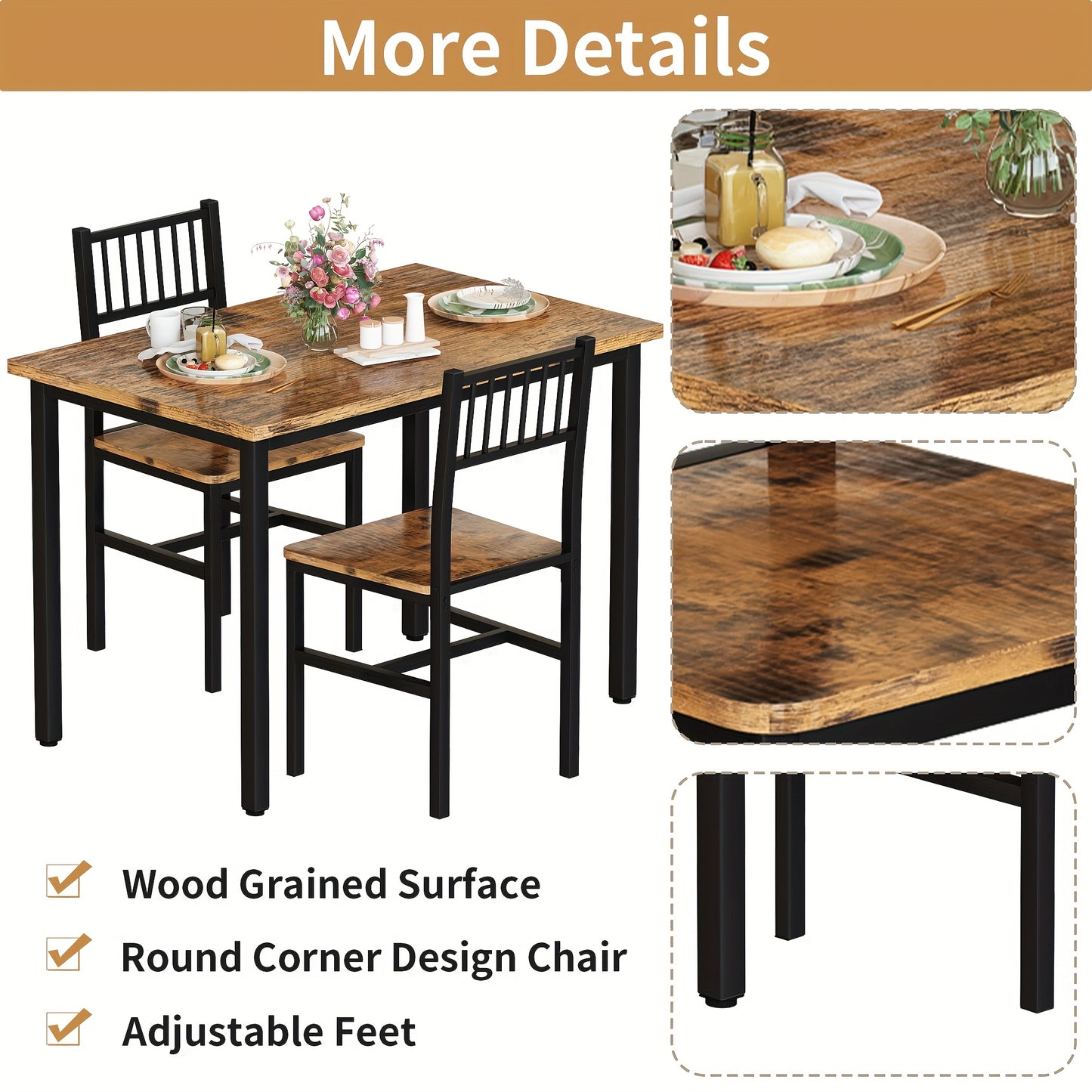 LAMERGE 3pcs Dining Table And Chair Set, Small Space Dining Table And Chair Set, Dining Table, Simple, Suitable for Small Space Living Rooms, Bedrooms And Kitchens Dining Table Set, Perfect Home Furniture, Bedroom Furniture, Spacesaving