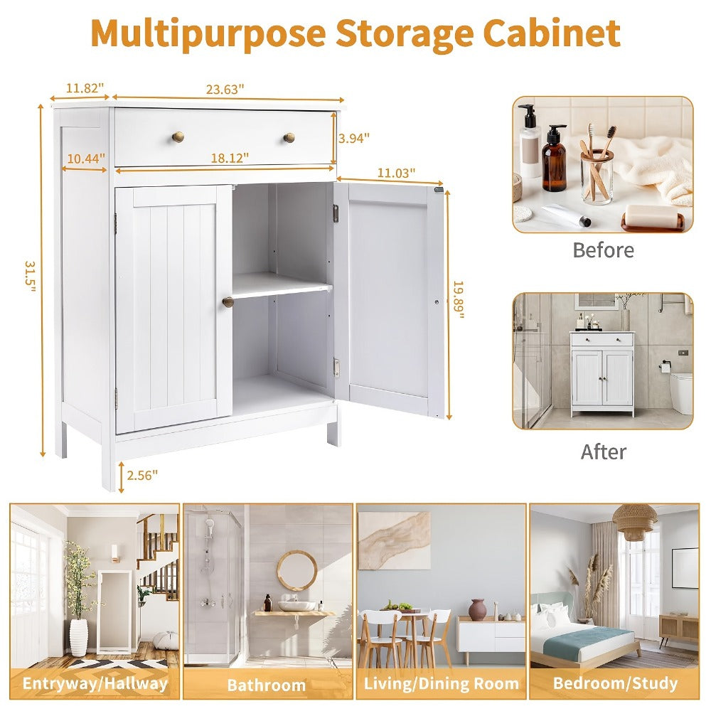 Bathroom Storage Cabinet with Double Shutter Doors Soft-Close Drawer Freestanding Bath Vanity 23.6x11.8x31.5 Inch Waterproof Moisture-Resistant Bathroom Furniture White