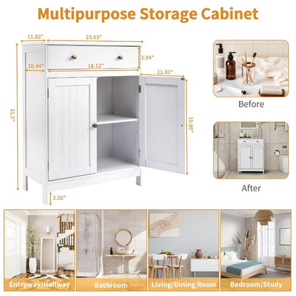 Bathroom Storage Cabinet with Double Shutter Doors Soft-Close Drawer Freestanding Bath Vanity 23.6x11.8x31.5 Inch Waterproof Moisture-Resistant Bathroom Furniture White