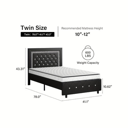 Upholstered Bed Frame With Diamond Tufted Headboard, Faux Leather Headboard & Footboard, Wooden Slats Support, No Box Spring Needed, Easy Assembly, Cozy Winter Gifts, Christmas Gift, Christmas Limited Edition, Festive Atmosphere, Black