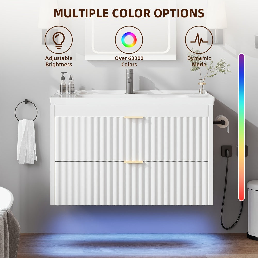 24" 2pcs/1pc Bathroom Vanity with Sink, 24" Floating Bathroom Vanity with LED, 24" with 3-Hole Ceramic Vanity Sink, Wave Line Design, 2pcs Soft-Close Drawers, Wall-Mounted Cabinet for Small Spaces, Black/White