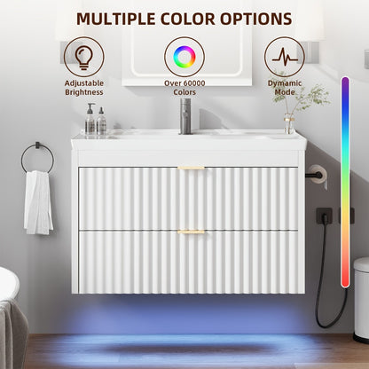 24" 2pcs/1pc Bathroom Vanity with Sink, 24" Floating Bathroom Vanity with LED, 24" with 3-Hole Ceramic Vanity Sink, Wave Line Design, 2pcs Soft-Close Drawers, Wall-Mounted Cabinet for Small Spaces, Black/White