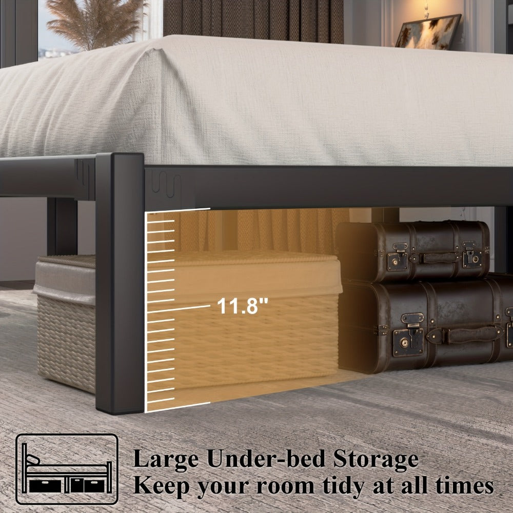 Metal Platform Bed Frame with Slatted Headboard – Under Bed Storage, No Box Spring Needed, Sturdy Metal Slats, Black White, Twin Full Queen King
