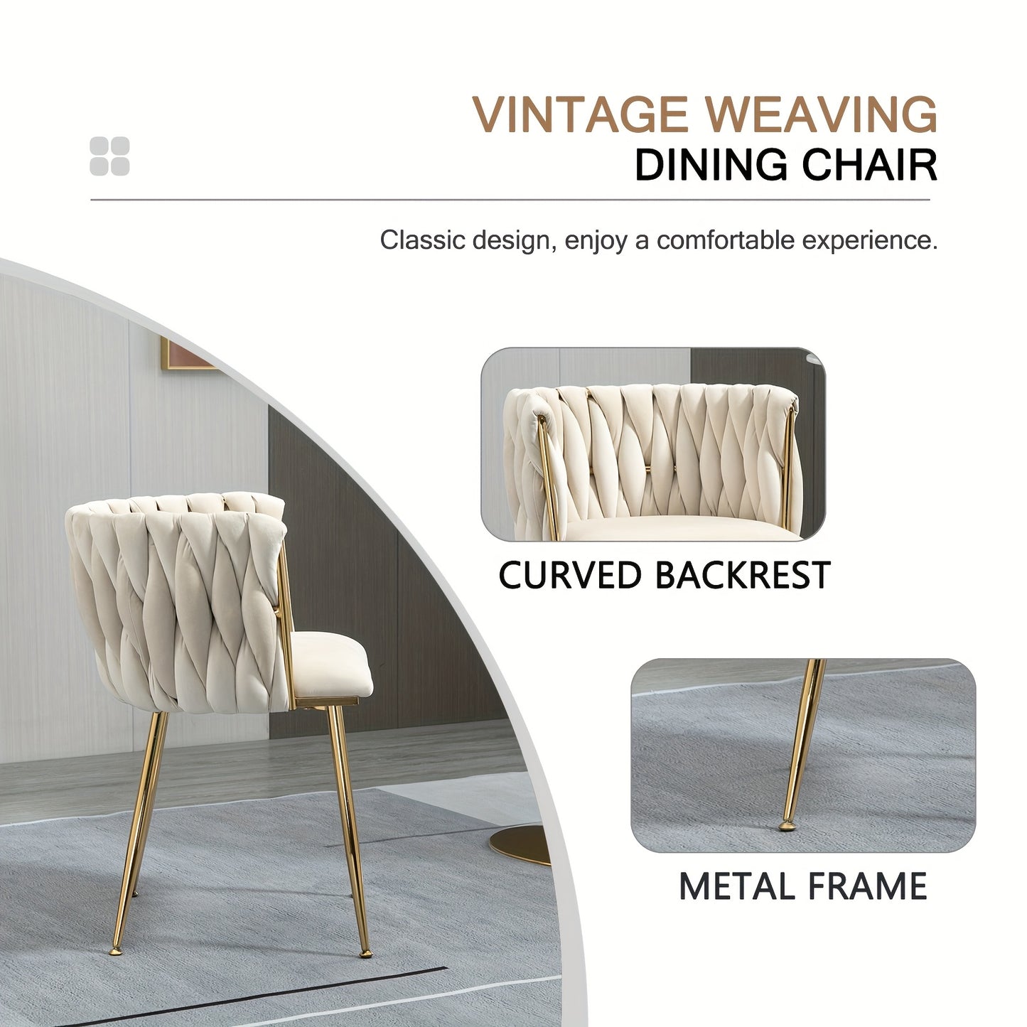 Velvet Dining Chairs Set of 2, Accent Chairs With Golden Metal Legs, Woven Upholstered, For Living Room/Bedroom/Kitchen