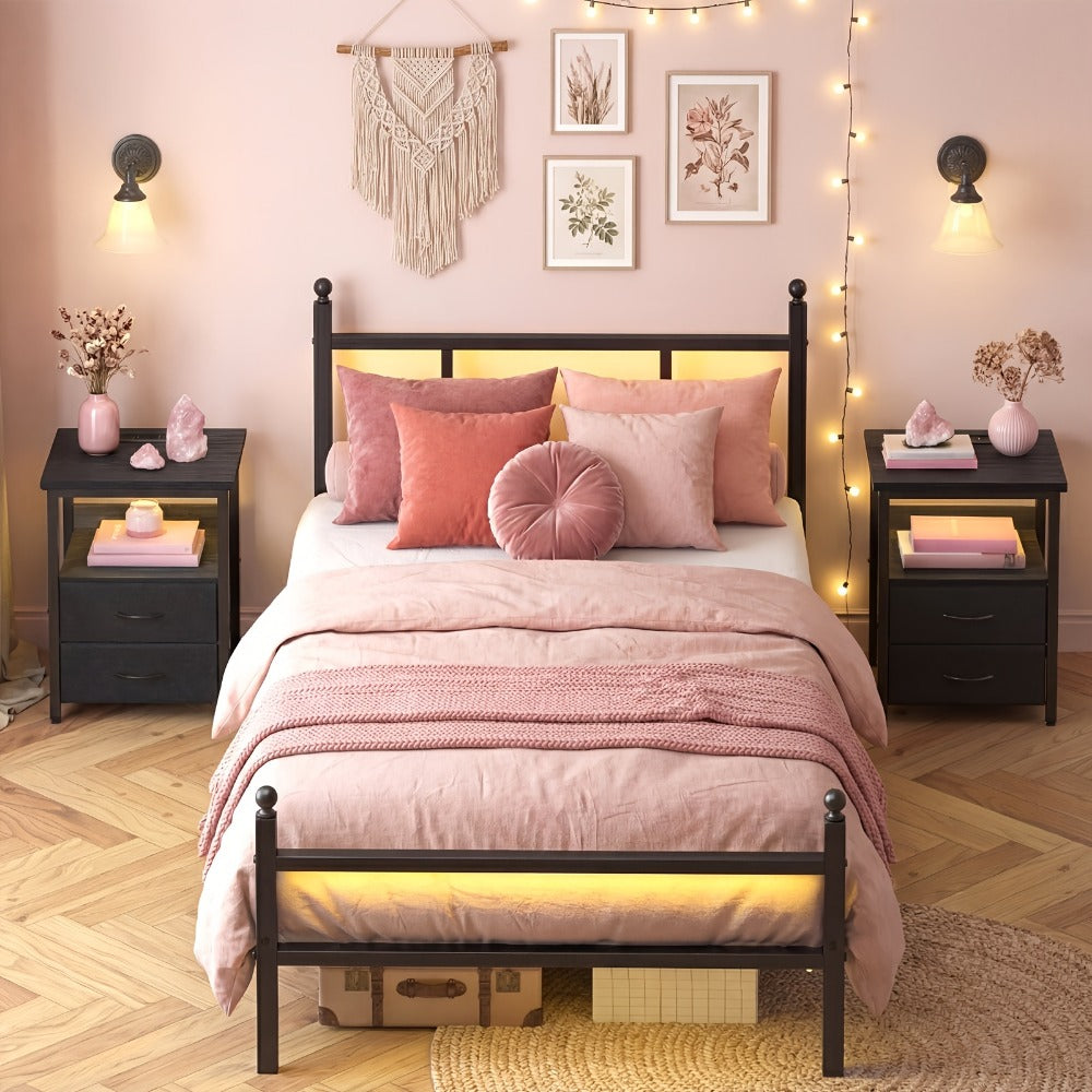 Twin Bed Frame with LED Lights and Charging Station, Heavy-Duty Metal Platform Bed, Easy Assembly, Black & White, Modern Contemporary Bedroom Design
