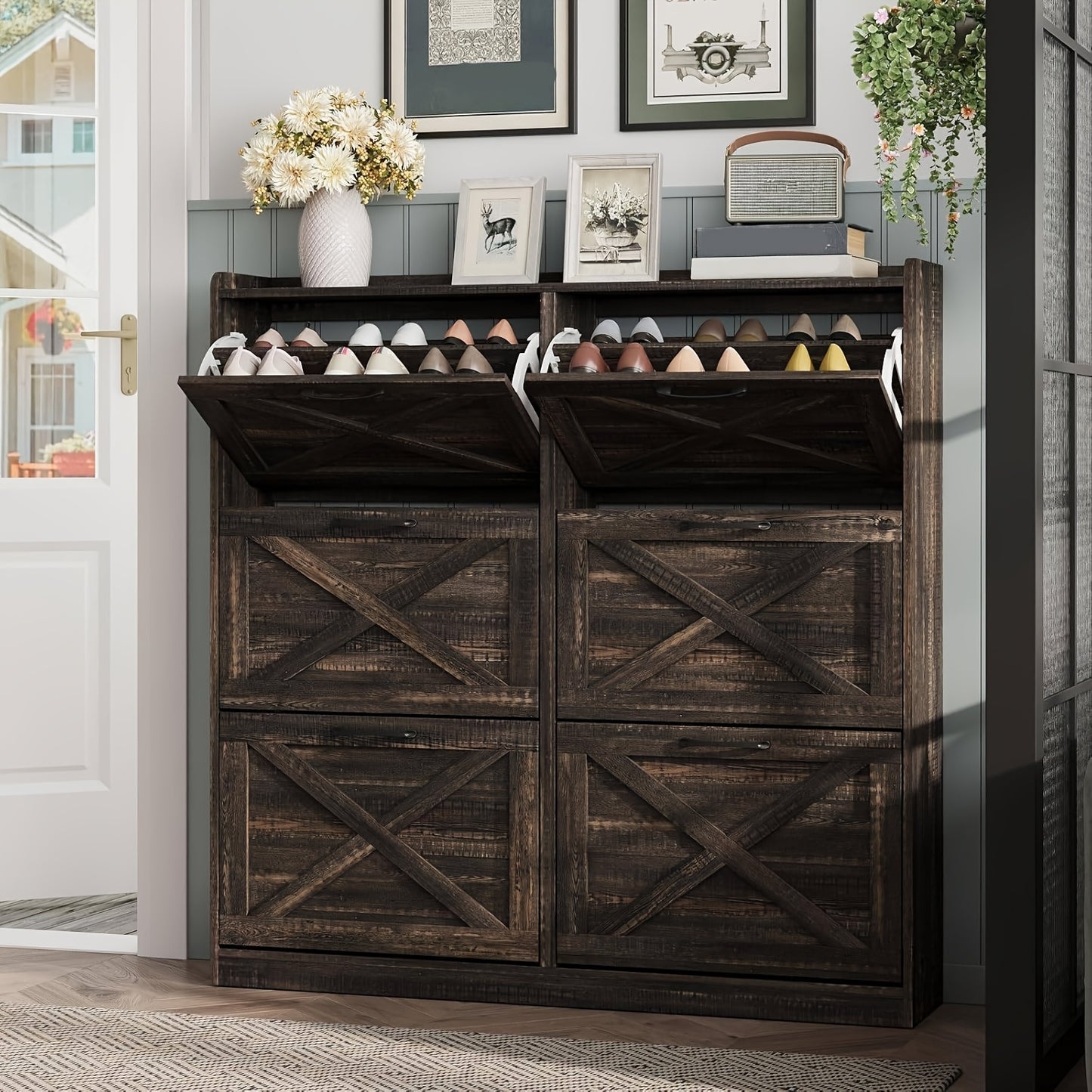Washed Gray Shoe Storage Cabinet with 6 Flip Drawers | Narrow Freestanding Shoe Cabinet and Shoe Storage Organizer with Metal Handles for Entryway, Large Shoe Rack Organizer, Modern Farmhouse Style, Ideal for Shoe Racks, Made of Particle Board