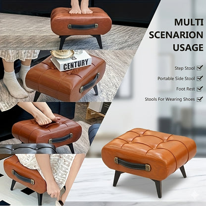 1pc Stylish & Versatile High Quality Oil Wax Leather Low Stools, Footstools, Leather Padded Footstools - for Sofa End, Shoe Changing Stools for Living Rooms, Corridors, Foyers, Entrance, Bedroom, Home Decor Furniture, Furniture for Home