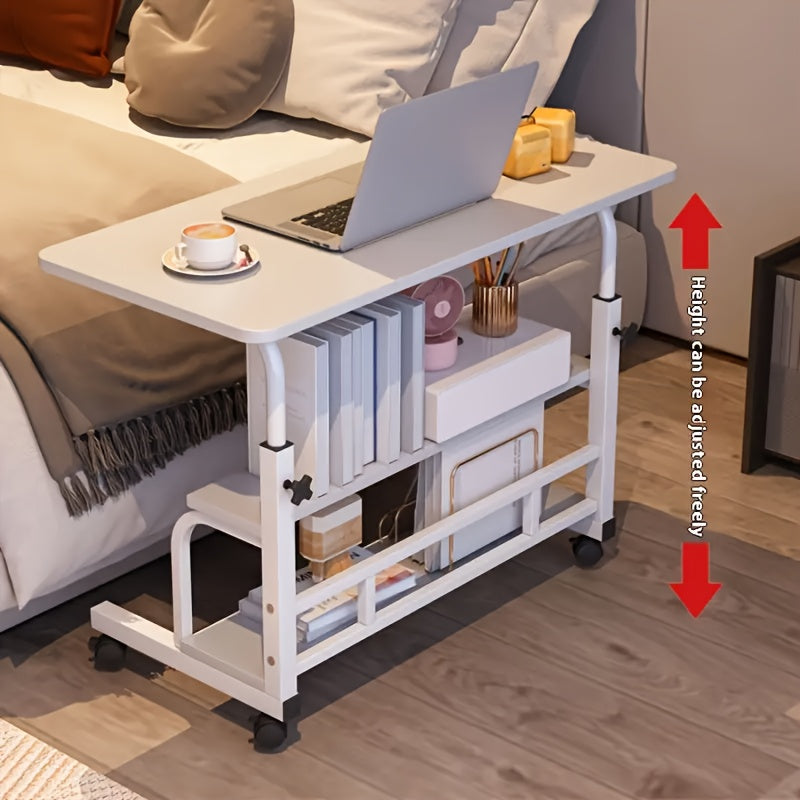 Mobile Computer Desk With Adjustable Height; Multifunctional Table With Double-Layer Storage; Gaming And Study Table For Students; Portable Office Desk For Bedside Use; Suitable For Bedroom, Apartment Random