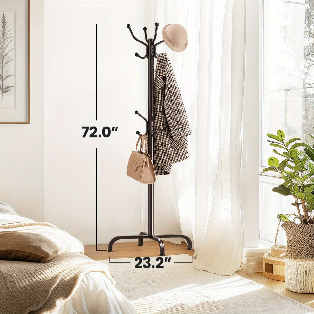 Adjustable Coat and Hat Rack with 14 Hooks and 4 Height Settings, Freestanding Metal Clothes Hanger Stand for Entryway Bedroom Home Office, Holds Hats Coats Bags Outdoor Gear, Brown Natural Wood Finish