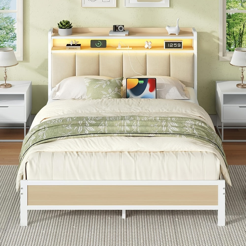 Bed Frame with Storage Headboard LED Lights and Charging Station Twin Full Queen King Heavy Duty Metal Slatted Base No Box Spring White Grey Cream