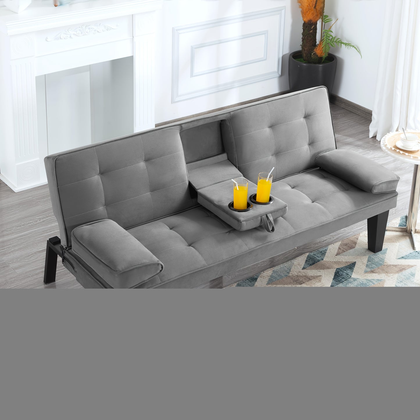 65 Inch Modern Foldable Sofa Bed, Adjustable Lounge Chair with Detachable Armrests And Two Cup Holders for Double Occupancy in The Living Room, Convertible Into a Bed