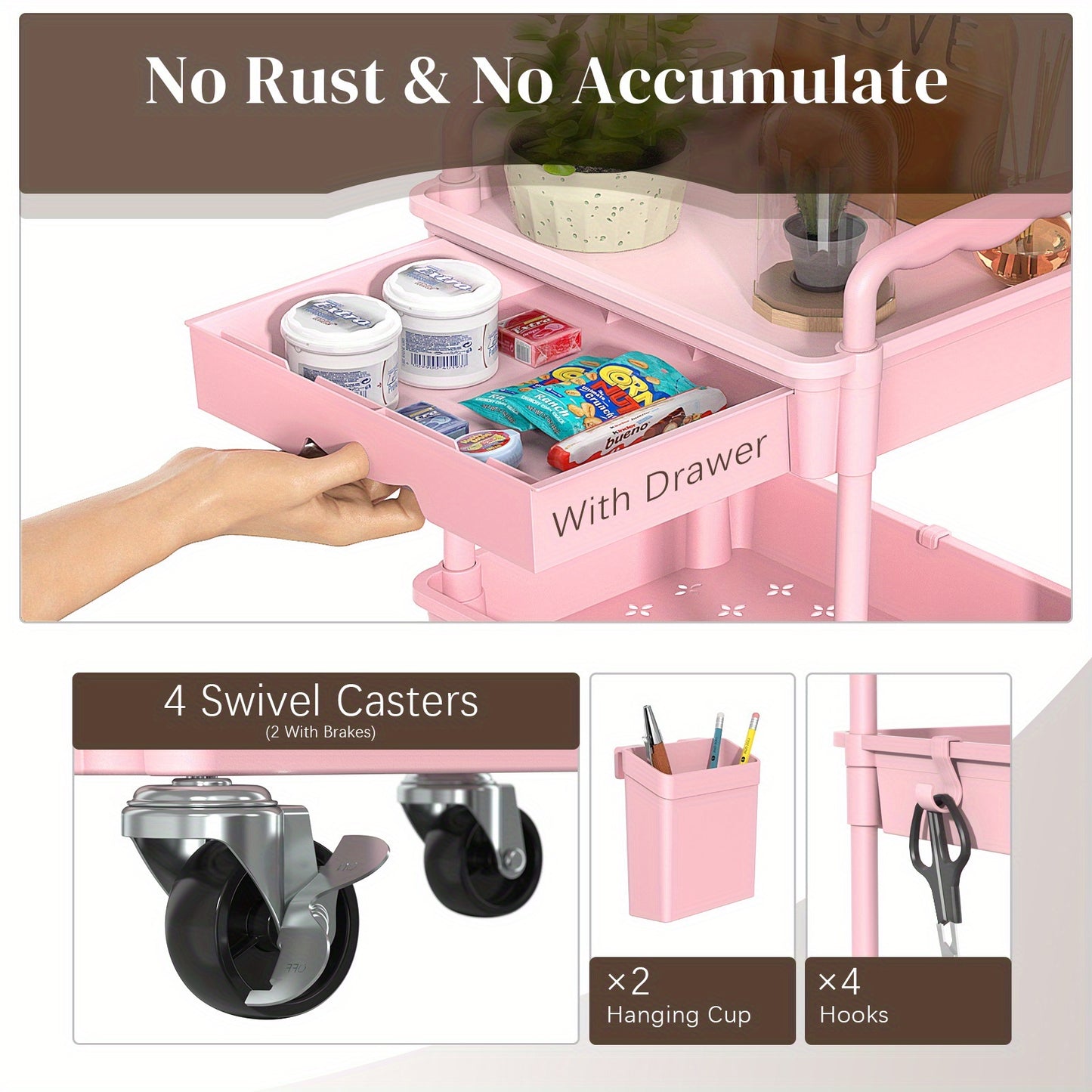 3/ 4 Tier Rolling Utility Cart with Drawer - Multifunctional Storage Organizer with Lockable Wheels&Plastic Shelves for Kitchen, Bathroom, Office, Living Room-Ideal for Industrial & Scientific Material Handling Solutions
