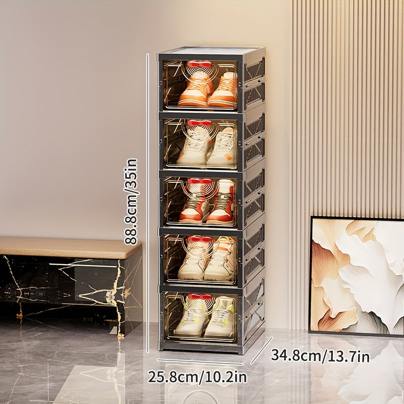 5/6-Tier Black Shoe Storage Cabinet for Household Shoe Organization, Foldable & Modular Design, Flip-Top Lid with Clear See-Through Window for Easy Access