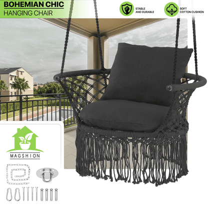 Magshion Macrame Hanging Swing Chair, Boho Style Hanging Rope Hammock Chair w/Tassels Max 350 lbs for Porch, Balcony,Outdoor