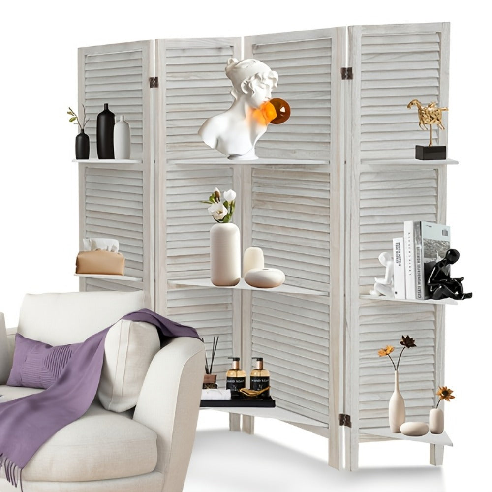 4-Panel White Room Divider with Shelves – Folding Privacy Screen & Portable Room Partition | Rustic Style Wall Divider for Bedroom, Living Room & Home Office